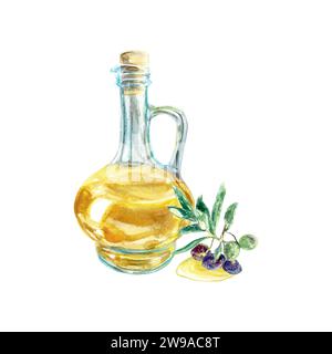 Olivenöl, Olivenzweig, Tropfen. Vektorillustration im Aquarellstil. Lebensmittelverpackungen, Etiketten, Kosmetikprodukte, Broschüren, Banner, Präsentationen. Stock Vektor