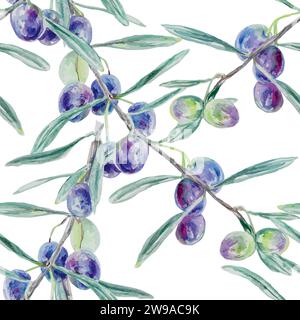 Nahtloses olivfarbenes Muster. Vektorillustration, Aquarell. Design von Lebensmittelverpackungen, Etiketten, kosmetischen Produkten, Textilien, Fliesen, Banner, Präsentationen. Stock Vektor