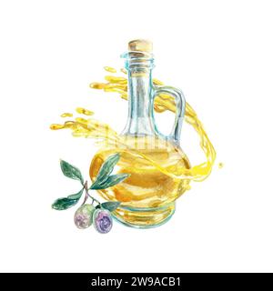 Olivenöl, Olivenzweig, Spritzer. Vektorillustration, Aquarellstil. Lebensmittelverpackungen, Etiketten, Kosmetikprodukte, Broschüren, Banner, Präsentationen. Stock Vektor