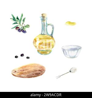 Aquarellset mit Olivenöl. Zweige, schwarze Oliven, Teller, Brett, Tropfen. Vektor. Lebensmittelverpackungen, Etiketten, Kosmetik, Postkarten, Broschüren, Banner, Cover. Stock Vektor