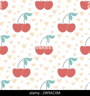 Niedliches nahtloses Muster aus Kirschen und Herzen. Berry romantischer Hintergrund für Valentinstag. Einfacher Druck für Geschenkverpackung, Textil und Design Stock Vektor