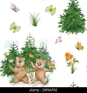 Nahtloses Muster mit lustigen Bären. Teddybär mit Blumen und Weihnachtsbäumen. Kinderillustration. Design für Textilien, Kinderzimmer Stockfoto