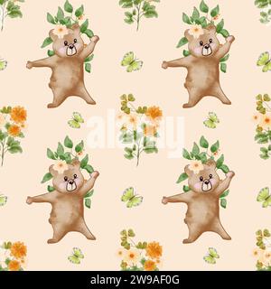 Tragen Sie ein nahtloses Muster mit einem lustigen Teddybären. Teddybär mit Blumen und Schmetterlingen. Kinderillustration. Design für Textilien, Kinderzimmer Stockfoto