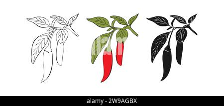Chili Pfeffer-Symbol-Logosymbole. Set aus roten scharfen Chili-Paprika oder Kontur oder Silhouette handgezeichnet. Scharf und heiß. Vektorabbildung Stock Vektor