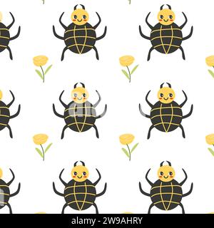 Nahtloses Muster mit niedlichen Tieren, Insekten, Spinnen und Blumen. Zeichentrickfigur mit gelben und schwarzen Farben. Stock Vektor