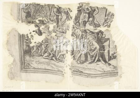 Links unter der Ecke eines Abdrucks der Szene von Cebes, Philips Galle, nach Frans Floris (I), 1561 - 1596 Druck Allegory über die Heilstraße des Menschen. Leben als Stadt mit drei ummauerten Stätten, mit einem Tempel in der Mitte. Am äußeren Tor warten die Seelen der Kinder, bereit für den Eintritt in das Erwachsenenleben. Vor dem Betreten bekommen sie etwas zu trinken aus Versuchung (verführerische Versuchung), was sie unwissend macht. Der erste ummauerte Ort zeigt alle Arten von Transfers und Ablenkungen, wie Vorurteile (Meinung), Begehren (Cupiduas), Zweifel (Fehler) und Unwissenheit (Ignorantia). Sie verhindern, dass die Jugendliche Person von der Feder kommt Stockfoto