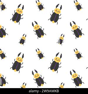 Nahtloses Federmuster kann käfern. Kindliche Zeichentrickfiguren im Hintergrund. Niedlicher Tierhintergrund. Stock Vektor