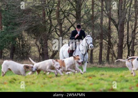 Hagley, Worcestershire, Großbritannien. Dezember 2023. Der Master of the Hounds geht mit den Hunden auf das Feld beim Treffen am zweiten Weihnachtsfeiertag der Albrighton and Woodland Hunt in Hagley Hall, Worcestershire. Quelle: Peter Lopeman/Alamy Live News Stockfoto