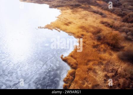 Winterlandschaft mit gefrorenem See und trockenen Klumpen entlang der Küste bei Sonnenaufgang. Luftaufnahme. Stockfoto