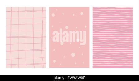 Einfache Geometrische, Handgezeichnete Unregelmäßige Muster. Pink Doodle karierte einfache Zeichnung mit Texturen. Posterset. Lustiges Pastellfarbenpapier. Stock Vektor