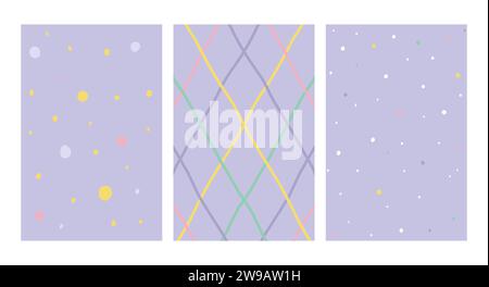 Einfache Geometrische, Handgezeichnete Unregelmäßige Muster. Kritzelte einfache Zeichnung mit Texturen. Lilafarbenes Posterset. Lustiges Pastellfarbenpapier. Stock Vektor