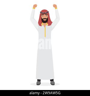 Glücklicher arabischer Mann mit erhobenen Händen. Lächelnd aufgeregter muslimischer Mann Cartoon Vektor Illustration Stock Vektor