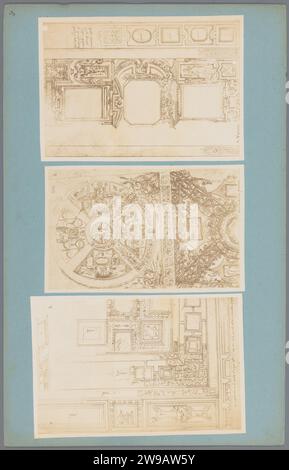 Drei Fotoproduktionen von Zeichnungen von Wand- oder Deckendekorationen, ca. 1875 - ca. 1900 Foto links (3) eine Flächenverteilung mit Anweisungen für Gemälde, Mitte (4) zwei Kreise mit Tieren und Pflanzenmotiven von Giorgio di Giovani, rechts (5) eine Oberflächenverteilung mit Anweisungen für Gemälde von vermutlich Giorgio Vasari. Europaparton. Fotografische Unterstützung Albumendruck Zeichnung, Skizze. Ornament  Arabesk. Ziervögel Europa Stockfoto