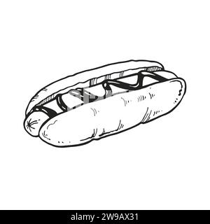 Hand gezeichnete Vektor-Illustration von Fast Food, Tusche Skizze von Hot Dog in einem Brötchen und mit Senf oder Sauce, schwarz-weiße Illustration von Wurst mit sa Stock Vektor
