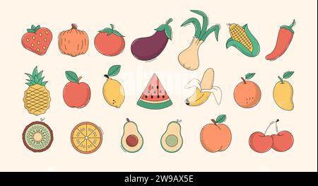 Lustige Gemüsefiguren im Retro-Cartoon-Stil Vektor-Illustration Set. Vegetarische Lebensmittel, Vintage-Animationselemente Stock Vektor