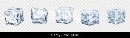 Funkelnde Eiswürfel realistische Vektor-Illustration Set. Erfrischende Cocktailzutaten. Gefrorene flüssige 3D-Elemente auf transparentem Hintergrund Stock Vektor