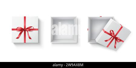 Minimalistische Geschenkbox mit dünnem rotem Band realistische Vektor-Illustration Set. Präsentieren Sie Behälter mit roten Schleifen, 3D-Elementen auf weiß Stock Vektor