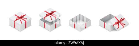 Karton quadratische Geschenkboxen mit dünnen Bändern realistische Vektor-Illustration Set. Weihnachtsgeschenke mit roten Bändern, 3D-Elementen auf weiß Stock Vektor