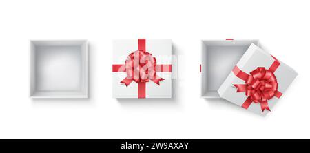 Geschenkbox mit Puffbogen Variationen realistische Vektor-Illustration Set. Festliche Event-Feier mit 3D-Geschenken auf weißem Hintergrund Stock Vektor