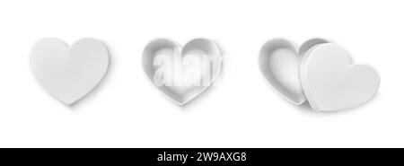 Herzförmige Boxen des realistischen Vektor-Illustrationssatzes des Kartons. Romantischer Valentinstag präsentiert 3D-Elemente auf weißem Hintergrund Stock Vektor