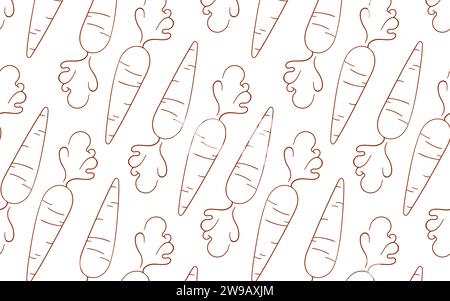 Nahtloses Karottenmuster im Line-Art-Stil. Handgezeichnetes Design für Küchenaccessoires, Ladengeschäfte, Menüs und Lebensmittelverpackungen. Vektorabbildung auf weiß Stock Vektor