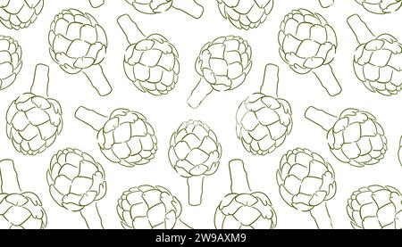 Nahtloses Artischocken-Muster im Line Art-Stil. Design für Menü, Verpackungsdesign, Stoff, Lebensmittelgeschäft. Vektorillustration auf weißem Hintergrund. Stock Vektor