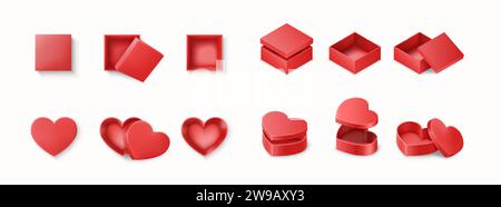 Rote Geschenkboxen realistische Vektor-Illustration Set. Farbenfrohe Geschenkbehälter mit Quadrat- und Herzformen 3D-Elementen auf weißem Hintergrund Stock Vektor