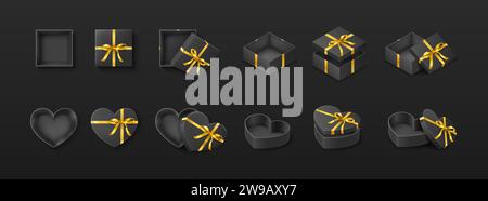 Präsentieren Sie Kästen mit goldenen Bändern realistische Vektor-Illustration Set. Verpackung für exklusives festliches Geschenk 3D auf schwarzem Hintergrund Stock Vektor