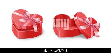 St. Valentinstag Geschenkboxen mit Bögen realistische Vektor-Illustration. Rote Geschenkverpackung gebunden mit pinkfarbenen Bändern 3D-Modelle auf weiß Stock Vektor