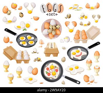Kochen Eier Farbe Vektor Symbol große Set. Illustrationen zu nährstoffhaltigen Lebensmittelzutaten, isoliert auf weißem Hintergrund. Kreatives Design Stock Vektor