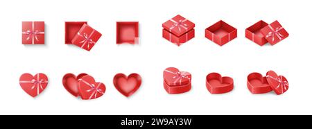 Rote Geschenkboxen gebunden mit Bändern realistische Vektor-Illustration Set. Elegante Geschenkverpackung mit 3D-Schleifen auf weißem Hintergrund Stock Vektor