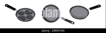 Farbvektor-Symbolgruppe für Bratpfannen. Kochutensilien für das Rösten von Lebensmitteln Illustrationen Pack isoliert auf weißem Hintergrund. Küchenutensilien Stock Vektor