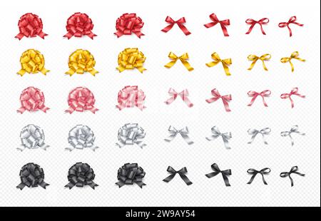 Schleifen für Geschenke Dekoration realistische Vektor Illustration Set. Glänzende Bänder festliche Ornamente 3D-Elemente auf transparentem Hintergrund. Feiertagsartikel Stock Vektor