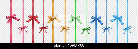 Bänder und Schleifen für Geschenkboxen realistische Vektor-Illustration Set. Festliche Ornamente aus glänzenden Satinbändern 3D-Elementen auf transparentem Hintergrund Stock Vektor