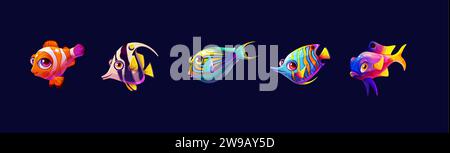 Niedliche exotische Fische Farbe Vektor-Symbol großer Satz. Erstaunliche Unterwassertiere Illustrationen auf dunkelblauem Hintergrund. Designelemente für Zeichentrickfilme Stock Vektor