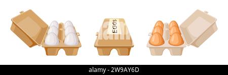 Hühnereier auf Tabletts Farbvektor-Symbolsatz. Geflügelhofprodukte im Lebensmittelgeschäft Illustrationspackung isoliert auf weißem Hintergrund Stock Vektor