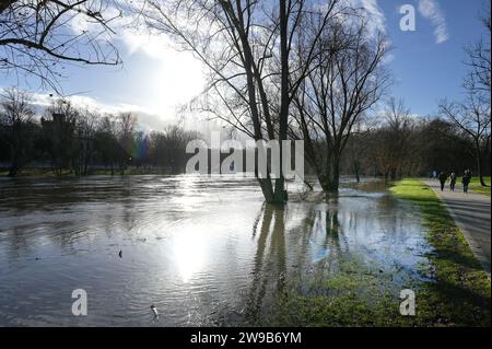 26. Dezember 2023, Sachsen-Anhalt, Halle (Saale): In der Talstraße hat das Hochwasser der Saale die Flusswiesen überflutet. Die Hochwassersituation ist in Sachsen-Anhalt vielerorts angespannt. Foto: Heiko Rebsch/dpa Stockfoto