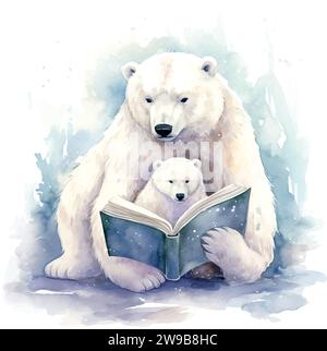 Niedlicher Eisbär mit Mutter Aquarell Kinderbuch Illustration Stil Stock Vektor