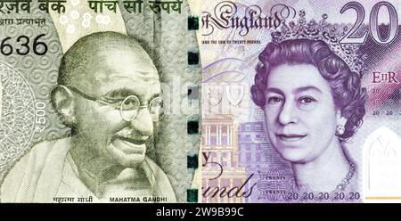 Porträts von Mahatma Gandhi auf indischen Rupien und Königin Elisabeth II. Aus britischen Pfund Sterling Banknote. Das Geschäftskonzept des Wechselkurses, stoc Stockfoto