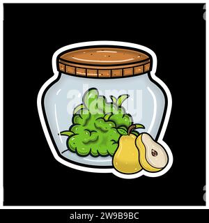 Birnenfruchtsgeschmack mit Cartoon Maskottchen von Unkrautknospen im Glas. Für Aufkleber und Etikett. Vektor und Illustration. Stock Vektor