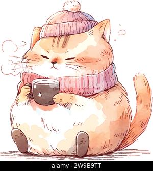 Katze im Turban mit einer Tasse Kaffee Aquarell auf weiß Stock Vektor