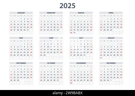 Kalender-Planer für 2025. Kalendervorlage für 2025. Firmenkalender und Geschäftskalender 25. Die Woche beginnt am Sonntag Stock Vektor