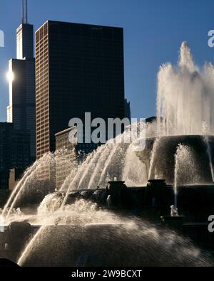 Luftaufnahme des Buckingham Fountain im Grant Park, Chicago, Cook County, Illinois, USA Stockfoto