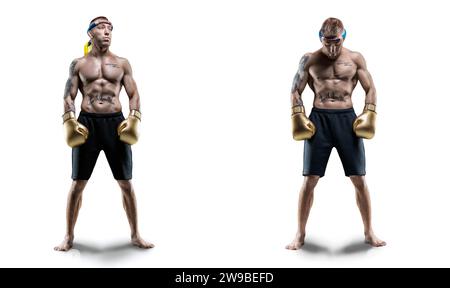 Bild von zwei professionellen thailändischen Boxern vor weißem Hintergrund. Muay Thai, Kickboxen, Kampfkunst-Konzept. Gemischte Medien Stockfoto