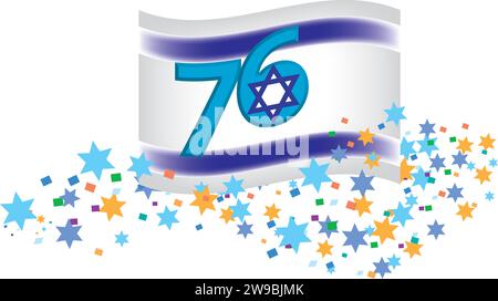 Logo für den Unabhängigkeitstag Israels 76. Israelische Flagge und Konfetti. Stock Vektor