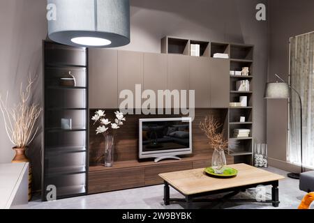 Inneneinrichtung: Modernes, beleuchtetes Wohnzimmer mit Holztisch und Vase mit Blumen und Fernseher in Holzregalmöbeln über glattem Boden Stockfoto