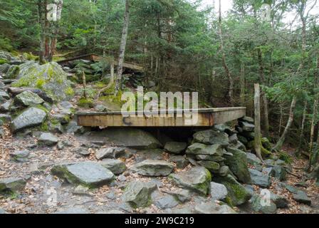 Eine Zeltplattform, hier im Jahr 2006 gesehen, im Barsch Shelter. Dieses Zeltgelände befindet sich am Perch Path in Cascade Ravine direkt neben dem Randolph Path. Stockfoto