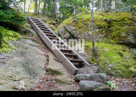 Eine Wandertreppe auf dem Sugarloaf Trail kurz vor dem Gipfel des Middle Sugarloaf Mountain während der Sommermonate in den White Mountains, New Hampshir Stockfoto