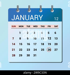 Januar. Kalender mit flachen Symbolen auf blauem Hintergrund isoliert. Vektorillustration für Datum und Monat Stock Vektor