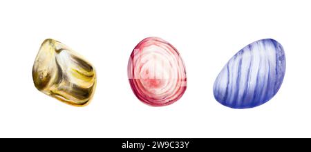 Aquarell handgezeichneter Stein für Herz, Solarplexus, Chakren. Blauer Spitzenachat, Rhodochrosit, Tigerauge und Zitrin. Natürlich heilende Rosenquarzkrankheit Stockfoto